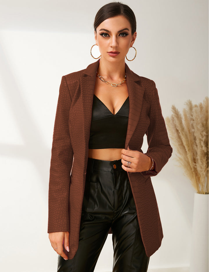 Faux Leather Crocodile Pattern Blazer Jacket In Brown